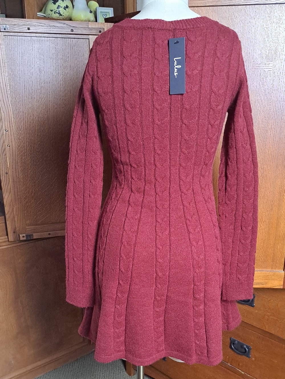 NWT Lulus Sweetly Seasonal Burgundy Cable Knit Sweater Mini Dress XS - Picture 4 of 9